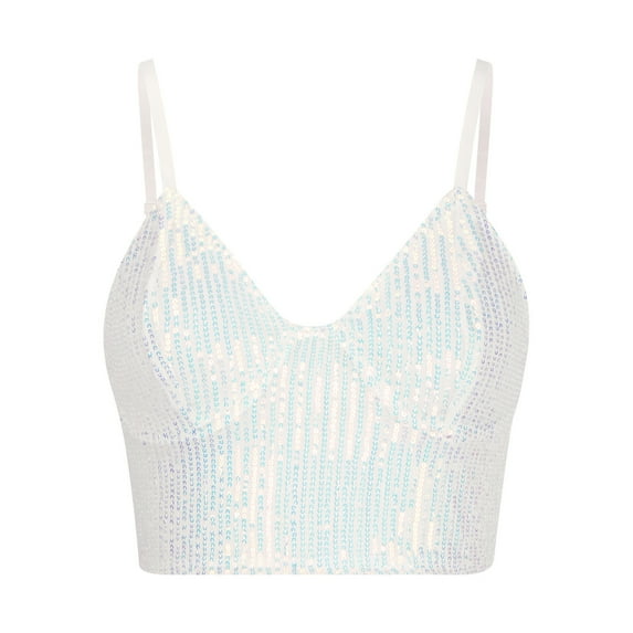 XFLWAM Womens Sparkly Sequin Top Spaghetti Strap Crop Top Glitter Sleeveless V Neck Vest Tank Tops Rave Disco Concert Outfit