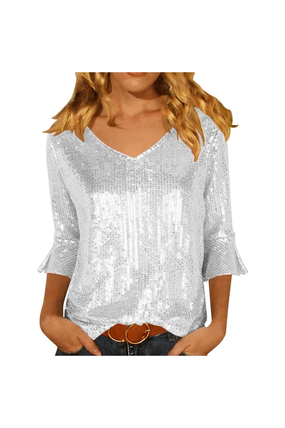 Womens Sparkly Sequin Tops V Neck Three Quarters Sleeve Ruffle T Shirts Glitter Cocktail Evening Party Club Blouses