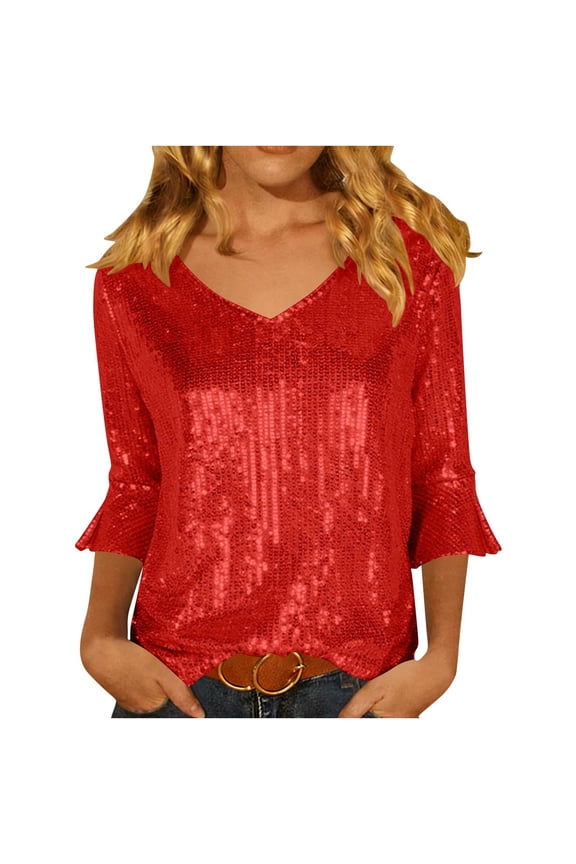 Womens Sparkly Sequin Tops V Neck Three Quarters Sleeve Ruffle T Shirts Glitter Cocktail Evening Party Club Blouses