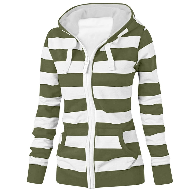 XFLWAM Womens Striped Zip Up Hoodies Casual Long Sleeve Drawstring Coats  Oversized Hooded Sweatshirts Jackets with Pockets Army Green S 