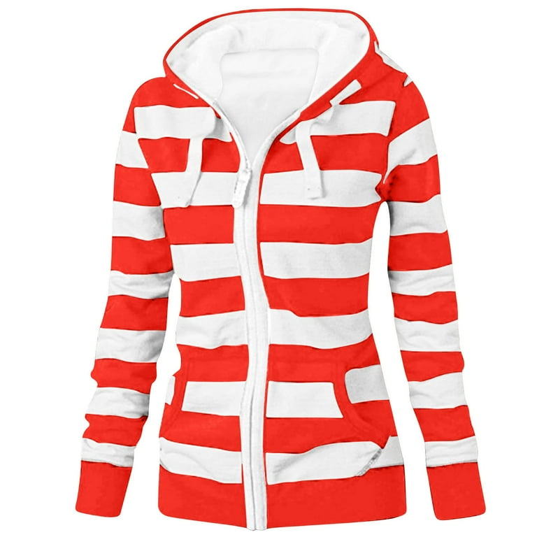 XFLWAM Womens Striped Zip Up Hoodies Casual Long Sleeve Drawstring Coats  Oversized Hooded Sweatshirts Jackets with Pockets Orange L 