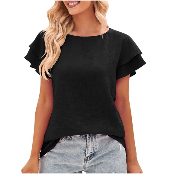 XFLWAM Womens Summer Casual Tops Crew Neck Ruffle Short Sleeve Shirt Lightweight Work Dressy Blouse Black S