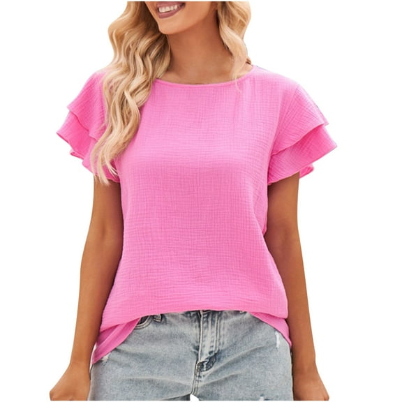 XFLWAM Womens Summer Casual Tops Crew Neck Ruffle Short Sleeve Shirt Lightweight Work Dressy Blouse Hot Pink S