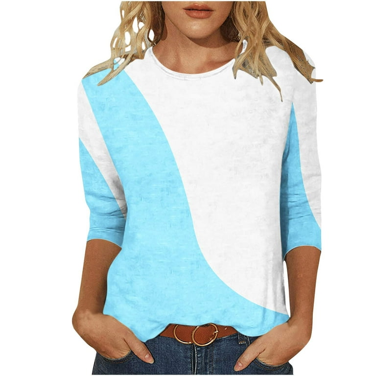 XFLWAM Womens Summer Color Block Tops Fashion 3/4 Sleeve Casual T-Shirts  Girls Cute Crewneck Loose Fit Tunic Top Blouses Tee Blue XXL