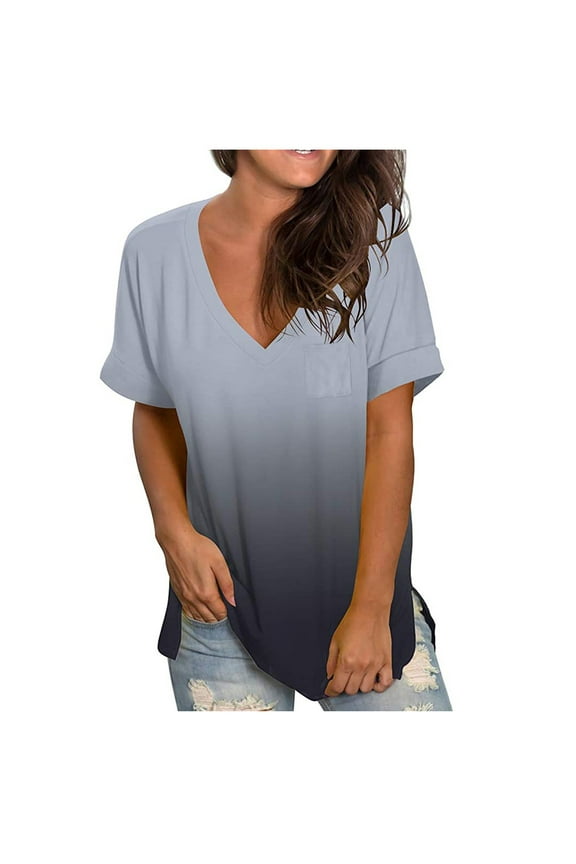 Womens Summer Tie Dye Gradient Short Sleeve T Shirts Ombre V Neck Tops Loose Fit Gray XXL