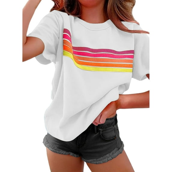 XFLWAM Womens Summer Tops Casual Color Block Striped Short Sleeve Shirts Crewneck T Shirts Loose Basic Tee Blouses