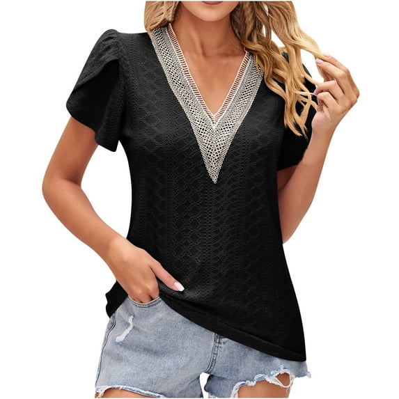 XFLWAM Womens Summer Tops Casual Deep V Neck Guipure Lace Tee Shirts Petal Sleeve Eyelet Loose Fit Blouse Black M