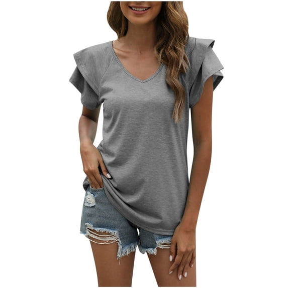XFLWAM Womens Summer Tops Ruffle Short Sleeve V Neck T-Shirts Casual Loose Fit Gray M