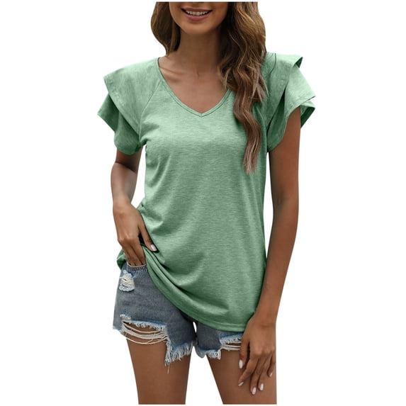 XFLWAM Womens Summer Tops Ruffle Short Sleeve V Neck T-Shirts Casual Loose Fit Green XL