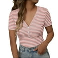 thumbnail image 1 of XFLWAM Womens Summer Tops Short Sleeve V Neck Button T Shirts Striped Print Ribbed Knit Casual Basic Slim Fit Tee Daily Wear, 1 of 8