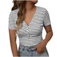 thumbnail image 1 of XFLWAM Womens Summer Tops Short Sleeve V Neck Button T Shirts Striped Print Ribbed Knit Casual Basic Slim Fit Tee Daily Wear, 1 of 8