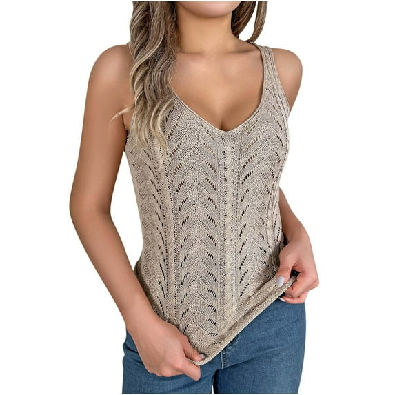 XFLWAM Womens Summer V Neck Knitted Tank Top Sleeveless Cable Knit Sweater Vest Casual Solid Color Tee Shirts