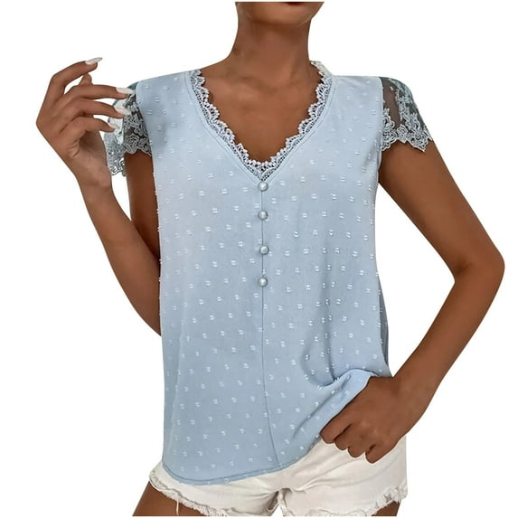 XFLWAM Womens Summer V Neck Lace Trim Button Tunic Tops Casual Lace Short Sleeve Swiss Dot Blouses T Shirts Light Blue L