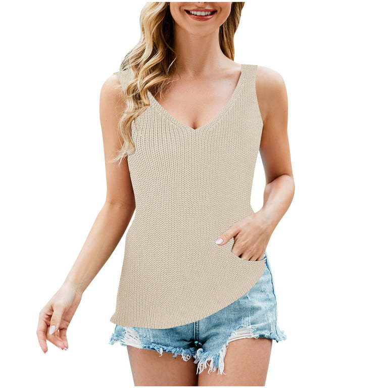 XFLWAM Womens Summer V Neck Tops Knitted Sleeveless Tank Top Cable Knit  Sweater Vest Casual Solid Tee Shirts Beige M 