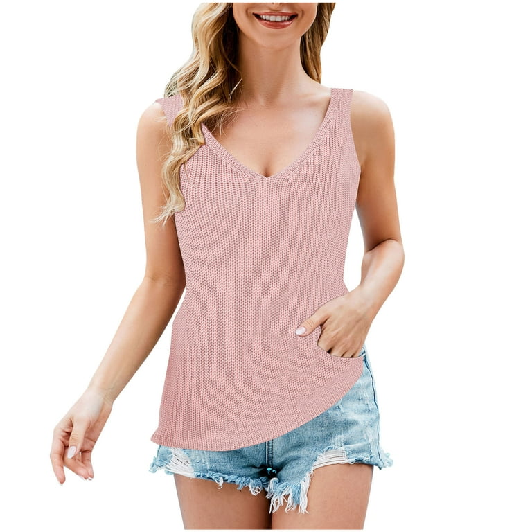 XFLWAM Womens Summer V Neck Tops Knitted Sleeveless Tank Top Cable Knit  Sweater Vest Casual Solid Tee Shirts Pink M