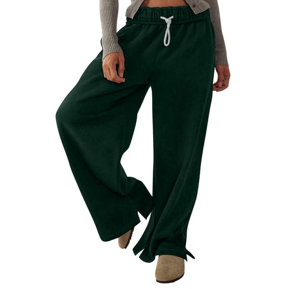 XFLWAM Womens Sweatpants Wide Leg Side Slit Hem Pants Casual Loose Solid Color High Waisted Drawstring Pants Baggy Lounge Trousers with Pockets Green 3XL