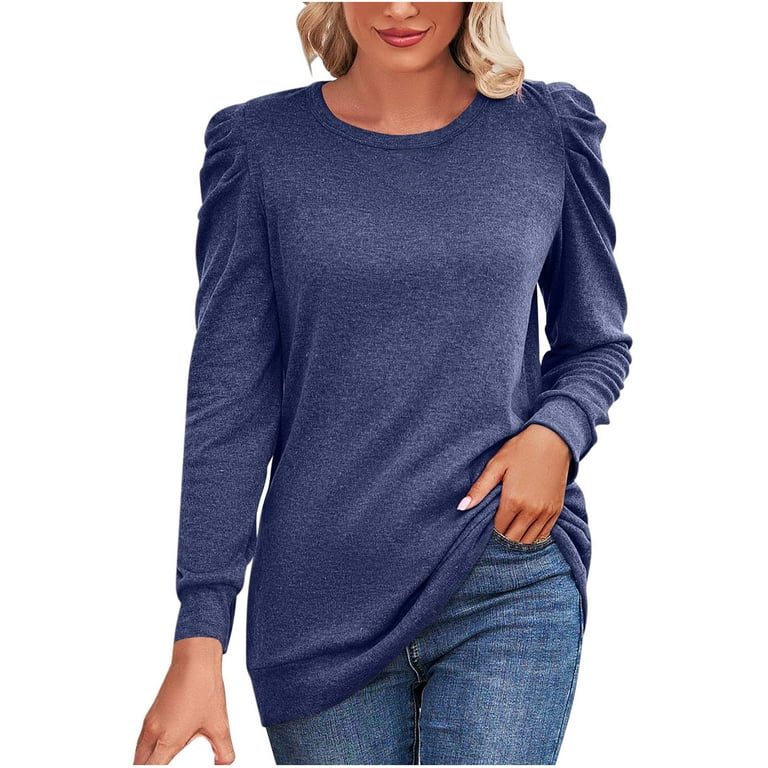 XFLWAM Womens Sweatshirt Crew Neck Long Puff Sleeve Pullover Tops Solid  Color Tunic Blouse Fashion Winter Clothes Navy Blue L