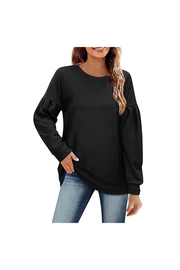 Womens Sweatshirts Crewneck Loose Tops Ruffle Long Sleeve Shirts Pullover Black M