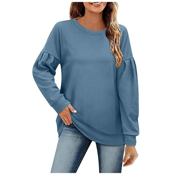 XFLWAM Womens Sweatshirts Crewneck Loose Tops Ruffle Long Sleeve Shirts Pullover Blue XL