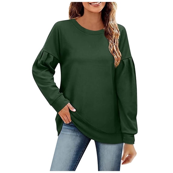 XFLWAM Womens Sweatshirts Crewneck Loose Tops Ruffle Long Sleeve Shirts Pullover Green L