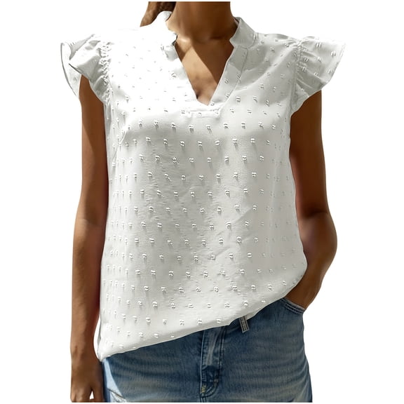 XFLWAM Womens Swiss Dot Tank Tops V Neck Ruffles Fly Sleeve Tunic Shirts Casual Sleeveless Cute Pom Pom Blouses Business Ladies Tops