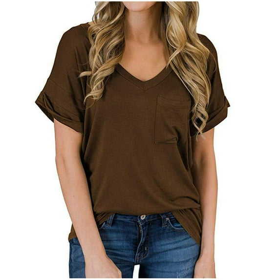 XFLWAM Womens T Shirts Short Sleeve V Neck Solid Color Casual Summer Tops Tshirts with Pocket Brown L
