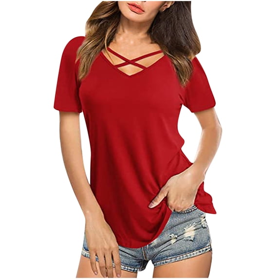 XFLWAM Womens Tops Casual V Neck Short Sleeve Criss Cross T-Shirt Summer Comfort Blouse Shirts Red M
