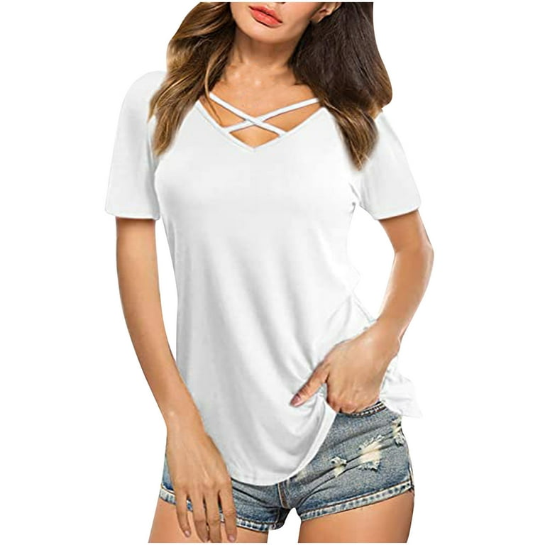 XFLWAM Womens Tops Casual V Neck Short Sleeve Criss Cross T-Shirt Summer  Comfort Blouse Shirts White S 