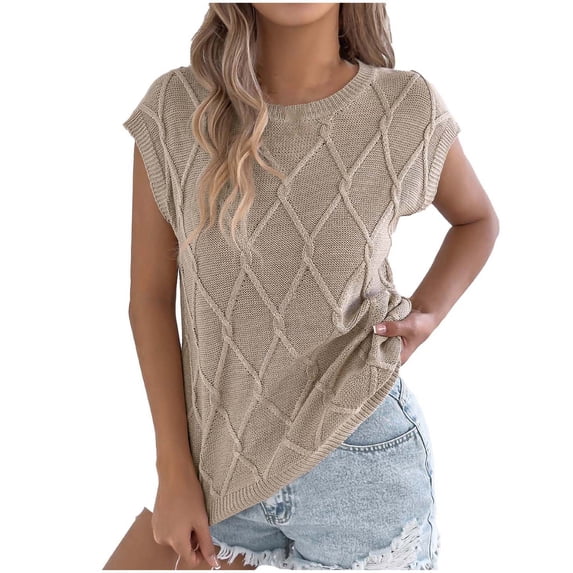 XFLWAM Womens Tops Crewneck Cable Knit Short Sleeve Sweater Loose Lightweight Blouses Dressy Casual Pullover Sweaters Tops