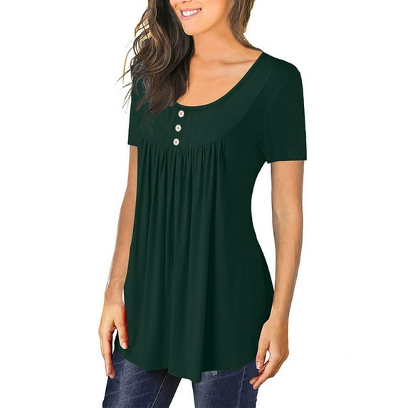 XFLWAM Womens Tops Hide Belly Tunic Summer Short Sleeve T Shirts Cute Flowy Henley Tshirt Casual Tie Dye Solid Color Dressy Blouses Dark Green 5XL