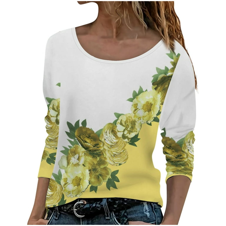 XFLWAM Womens Tops Long Sleeve Color Block Floral Shirt Casual Crew Neck  Top Loose Tee Shirts Yellow 3XL 
