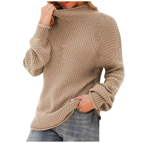 XFLWAM Womens Turtleneck Sweaters Batwing Long Sleeve Casual Loose Oversized Chunky Knit Pullover Jumper Tops Khaki L