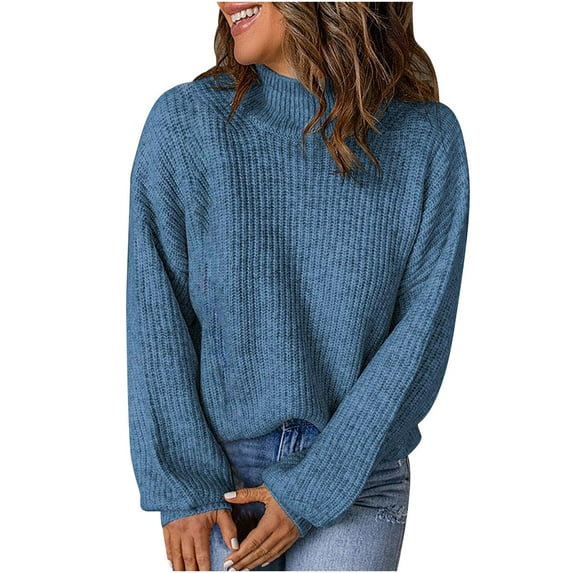XFLWAM Womens Turtleneck Sweaters Lantern Long Sleeve Pullover Cable Knit Sweaters Soft Jumper Tops Navy Blue XL