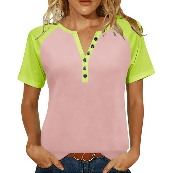 XFLWAM Womens V Neck Basic Tops Color Block Tunic T Shirts Summer Henley Short Sleeve Casual Cotton Tees Shirts