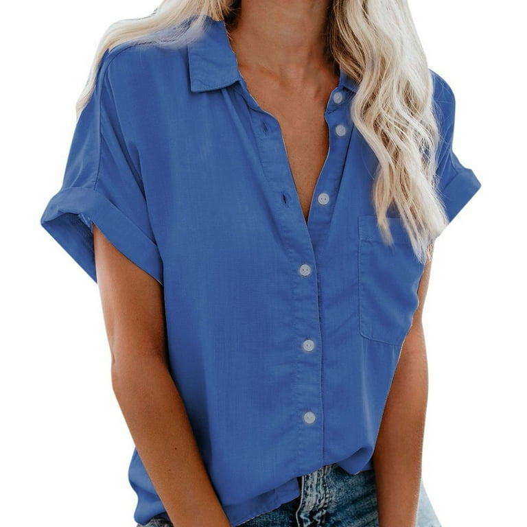 XFLWAM Womens V Neck Collared Button Down Shirt Solid Color Short Sleeve  Shirts Tops with Pockets Blue S 