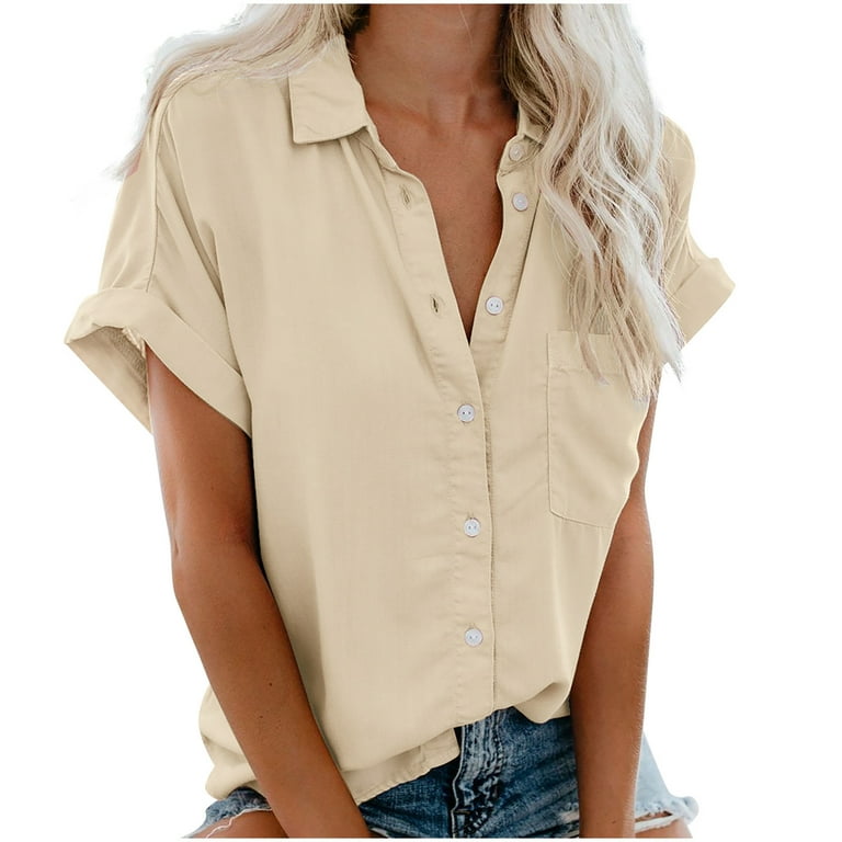 XFLWAM Womens V Neck Collared Button Down Shirt Solid Color Short Sleeve  Shirts Tops with Pockets Khaki M 