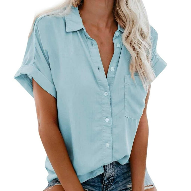 XFLWAM Womens V Neck Collared Button Down Shirt Solid Color Short Sleeve  Shirts Tops with Pockets Light Blue XXL 