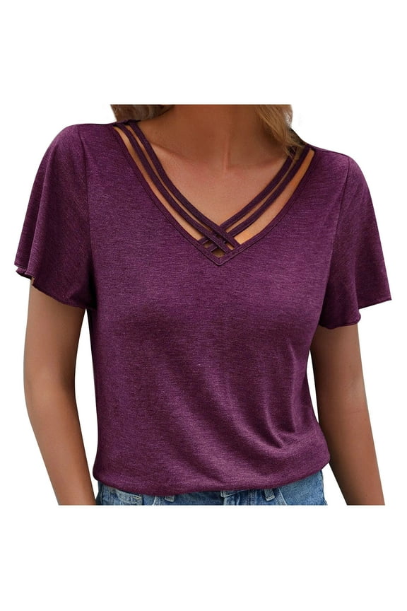 Womens V Neck Criss Cross T Shirts Solid Ruffle Short Sleeve Tops Summer Casual Loose Cotton Tees Red XXXXXL