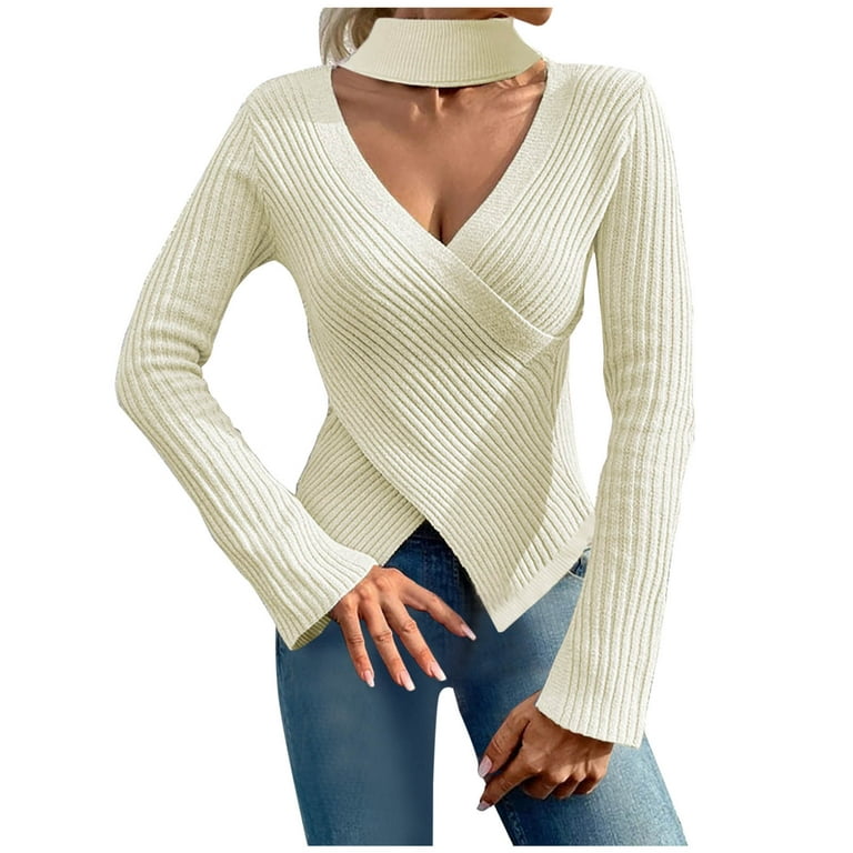 XFLWAM Womens V Neck Criss Cross Wrap Sweaters Halter Long Sleeve Knitted  Tops Slim Fitted Solid Color Choker Blouse Beige M 