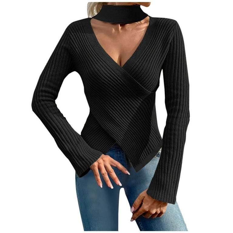 XFLWAM Womens V Neck Criss Cross Wrap Sweaters Halter Long Sleeve Knitted  Tops Slim Fitted Solid Color Choker Blouse Black L