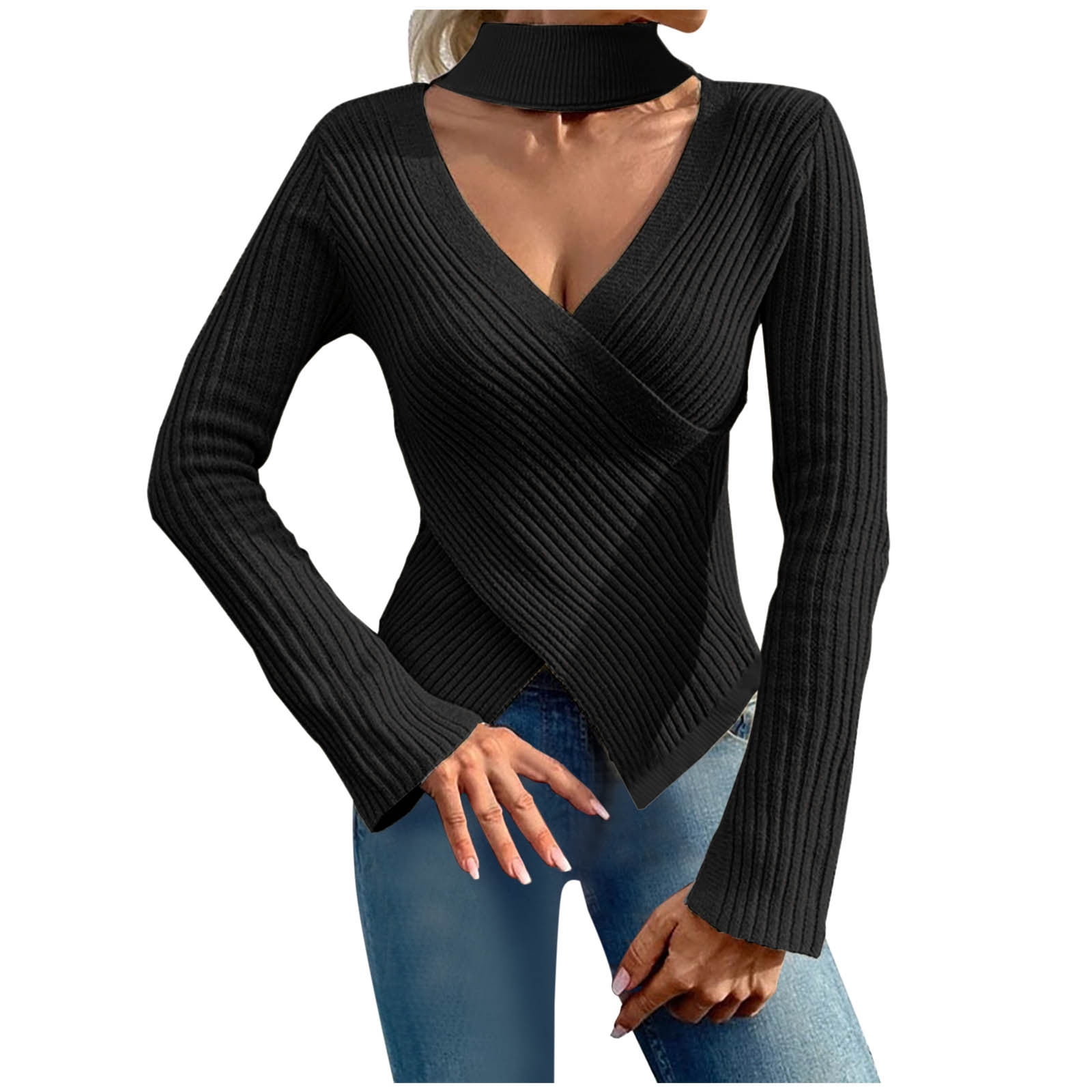 V-Neck Long Sleeve Knotted Halter Sweater V-Neck Long Sleeve Knotted Halter Sweater