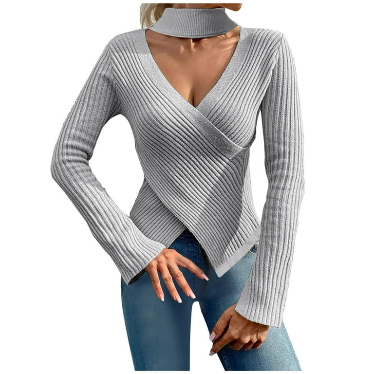 XFLWAM Womens V Neck Criss Cross Wrap Sweaters Halter Long Sleeve Knitted  Tops Slim Fitted Solid Color Choker Blouse Gray M