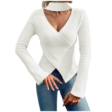 Womens Long Sleeve Cold Shoulder Knit Pullover Sweater Tops Jumper Sweaters Off White Medium