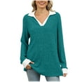 thumbnail image 1 of XFLWAM Womens V Neck Lapel Collar Knit Shirts Long Sleeve Loose Fit Tunic Tops Casual Fall Trendy Lightweight Pullover Sweater Green XXL, 1 of 9