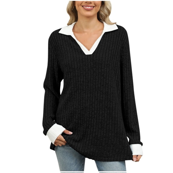 XFLWAM Womens V Neck Lapel Collar Knit Shirts Long Sleeve Loose Fit Tunic Tops Casual Fall Trendy Lightweight Pullover Sweater L