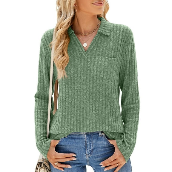 XFLWAM Womens V Neck Lapel Sweatshirt Long Sleeve Lightweight Tops Ribbed Knit Solid Color Loose Fit Blouse Green XL