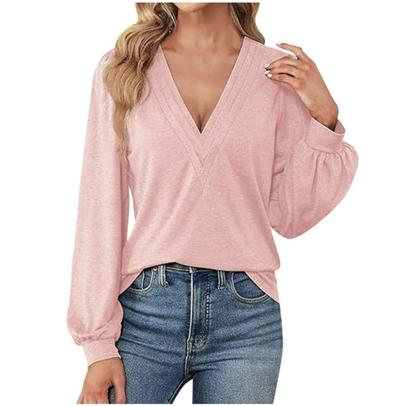 XFLWAM Womens V Neck Long Sleeve Tops Dressy Casual Fall Shirts Lantern Sleeve Loose Fit Solid Color Tunic Trendy Tops Blouses Pink S