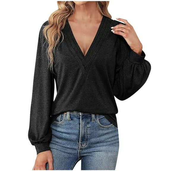 XFLWAM Womens V Neck Long Sleeve Tops Dressy Casual Fall Shirts Lantern Sleeve Loose Fit Solid Color Tunic Trendy Tops Blouses S
