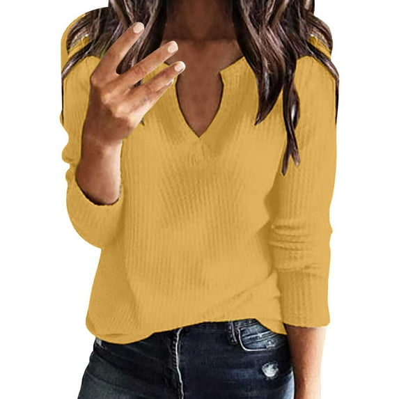XFLWAM Womens V Neck Shirts Long Sleeve Waffle Knit Loose Fitting Warm Pullover Tops Gold M