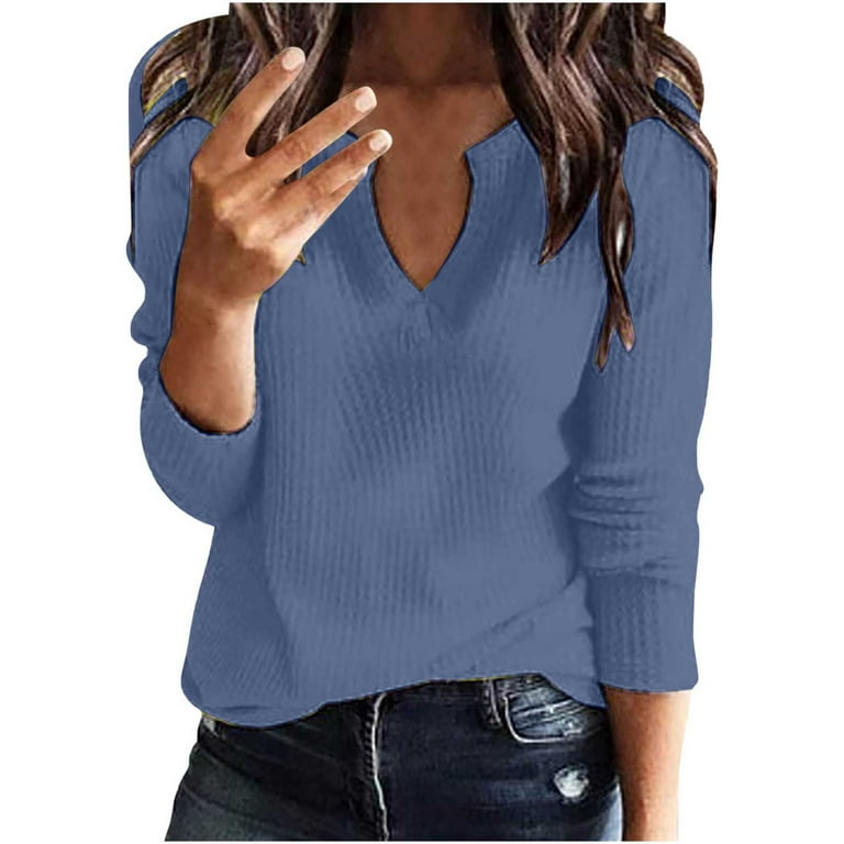 XFLWAM Womens V Neck Shirts Long Sleeve Waffle Knit Loose Fitting Warm  Pullover Tops Navy Blue L 